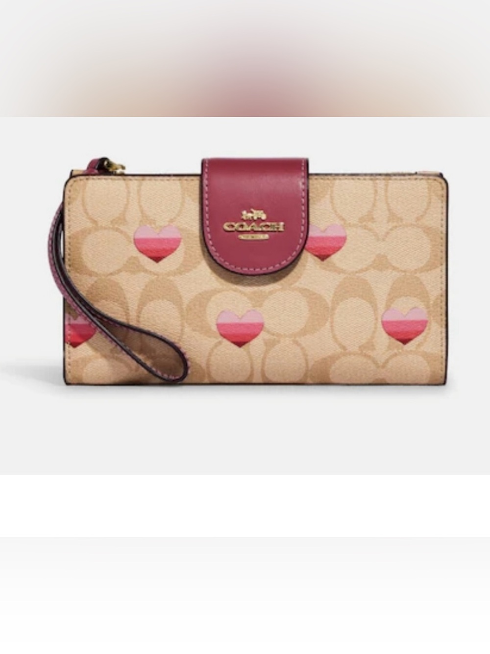 Coach Signature Heart Print Wallet Wristlet Pink Khaki Zip Clutch